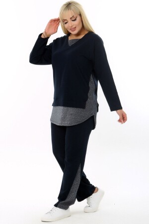 V-Neck Long Sleeve Elastic Waist Collar Skirt Legs and Side Pockets with Glitter Detail Plus Size Tracksuit Set - Kheos