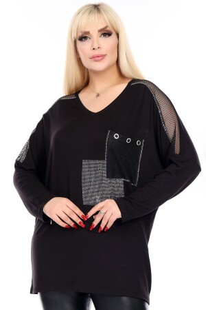 V-Neck Pocket and Sleeves Mesh Detail Stone Embroidered Long Sleeve Comfortable and Flowy Flexible Blouse - Kheos