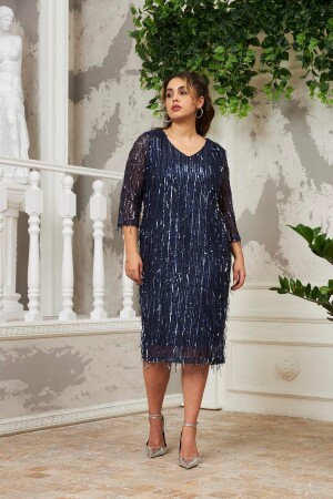 V-Neck Sequined Fringed Plus Size Navy Blue Evening Dress - Rmg