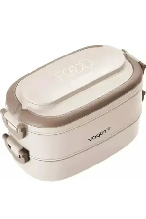 Vagonlife 1140 ML 2-Layer Stainless Steel Soup Bowl Bento Lunch Box Beige - VAGONLIFE