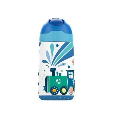 Vagonlife 350ml Pipetli Mavi Desenli Paslanmaz Termos Çift Duvarlı Yalıtımlı Matara - VAGONLIFE