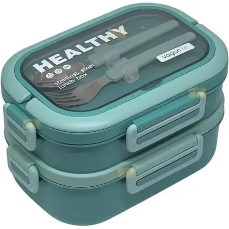 Vagonlife Bento 1650ml Stainless Steel 2-Tier 3-Compartment Lunch Box with Fork and Spoon, Green - VAGONLIFE