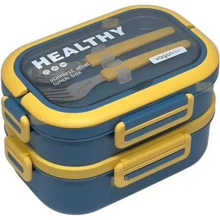 Vagonlife Bento 1650ml Stainless Steel 2-Tier 3-Compartment Lunch Box with Fork and Spoon, Navy Blue - VAGONLIFE