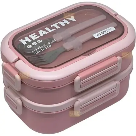 Vagonlife Bento 1650ml Stainless Steel 2-Tier 3-Compartment Lunch Box with Fork and Spoon, Pink - VAGONLIFE