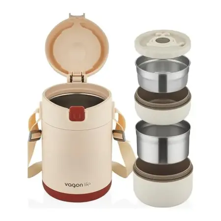 Vagonlife Bento 1800ml 2 Kaseli 4-6 Saat Termos Özellikli Çelik Yemek Kutusu - Bej - VAGONLIFE