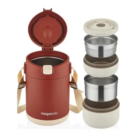 Vagonlife Bento 1800ml 2 Kaseli 4-6 Saat Termos Özellikli Çelik Yemek Kutusu - Kırmızı - VAGONLIFE