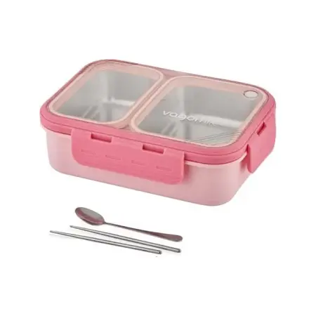 Vagonlife Bento 700ml Single Layer 2 Compartment Stainless Steel Lunch Box with Chopsticks and Spoon, Pink - VAGONLIFE