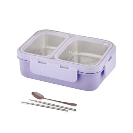 Vagonlife Bento 700ml Tek Katlı 2 Bölmeli Chopstick ve Kaşıklı Çelik Yemek Kutusu Mor - VAGONLIFE