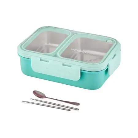 Vagonlife Bento 700ml Tek Katlı 2 Bölmeli Chopstick ve Kaşıklı Çelik Yemek Kutusu Turkuaz - VAGONLIFE