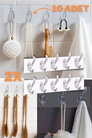 Veliday 2 Self-Adhesive Strong Transparent 5-Piece Hanger Rack - Behind Door Kitchen Wall Bathroom - Genel Markalar