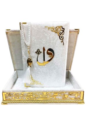 Velvet Boxed Quran Crystal Stone Prayer Beads White Color Medium Size - Sera Hediyelik