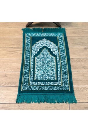 Velvet Children's Prayer Mat - Green 38x80 cm - 180 gr - With Prayer Beads Gift - İkranur