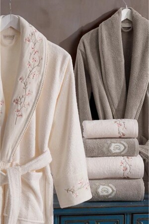 Velvet Cotton Bathrobe Set 6 Pieces Ivy Cream - Beige 8681663007388 - Dantela