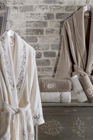Velvet Cotton Bathrobe Set 6 Pieces Sultan Cream - Beige 8681663007364 - Dantela