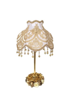 Velvet Covered Floral Decorated Ecru Fabric Gold French Lace Lampshade PRA-7118452-5439 - Dekovien