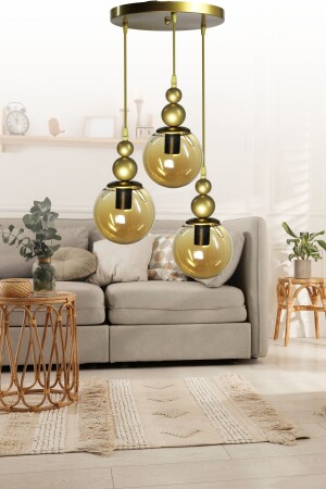 Venus 3-teilige Hängelampe, antikes Modell, echtes Honigglas, für Wohnzimmer, Wohnzimmer, Schlafzimmer, moderner Kronleuchter V3e - VEDA AVİZE