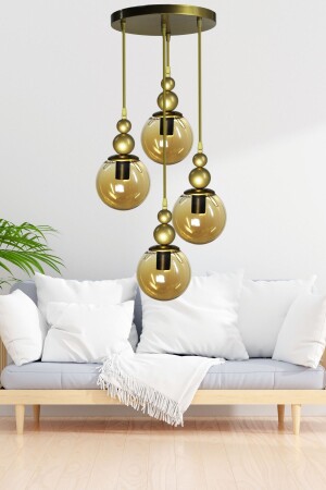 Venus 4-Piece Pendant Lamp Antique Model - Genuine Honey Glass - Living Room - Hall - Bedroom Modern Chandelier V4 - VEDA AVİZE