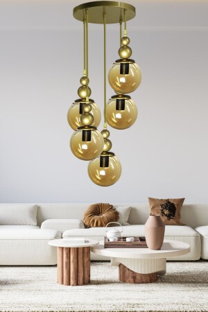 Venus 5-Piece Pendant Lamp Antiqued Model - Genuine Honey Glass - Living Room - Hall - Bedroom Modern Chandelier A99 - VEDA AVİZE