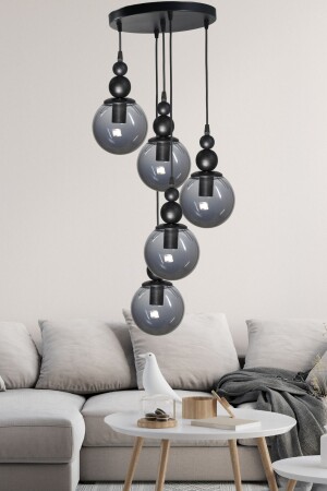 Venus 5-Piece Pendant Lamp Black Model - Genuine Smoked Glass - Living Room - Hall - Bedroom Modern Chandelier V5 - VEDA AVİZE