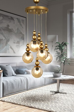 Venus 6-Piece Pendant Lamp Antique Model - Genuine Honey Glass - Living Room - Hall - Bedroom Modern Chandelier VN6 - VEDA AVİZE