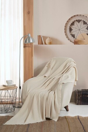 Vera Ecru Single Sofa Armchair Cover Shawl 150 x 200 cm TV Blanket Throw Cotton Mk-10006 - Lux Touch