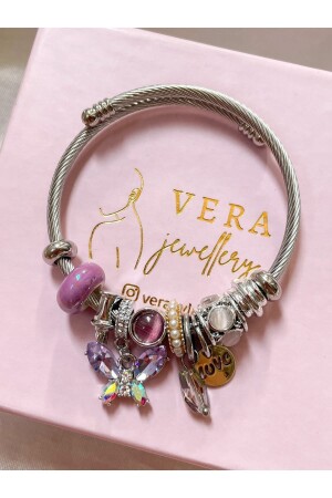Vera Jewelery Steel Purple Crystal Butterfly Charm Bracelet - Genel Markalar