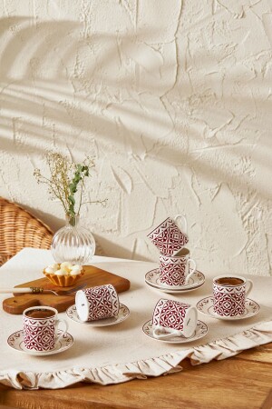 Verano New Bone Coffee Cup Set for 6 Persons 90 ml Claret Red - Emsan