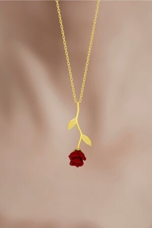 Vergoldete Doppelblatt-Halskette mit roter Rose und Kette aus 925er Sterlingsilber bilsen83 - Bilsen Store