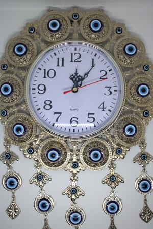 Vernickelte Metall-Wanduhr mit Perlen und bösem Blick, Wanddekoration HA0030003 - Tan Ticaret