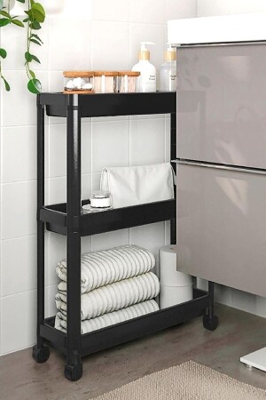 Vesken Mehrzweck-Badezimmerregal aus schwarzem, rechteckigem Kunststoff mit 3 Ebenen und Rollen - Omaş Household Product