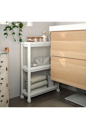 Vesken Wheeled Shelving Unit 3 Tiers White Bathroom Shelf Kitchen Shelf Serving Table Organizer 0000959 - Omaş Household Product
