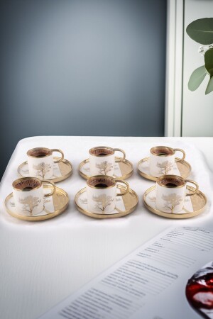 Violet Set of 6 Tree of Life Patterned Gold Gilded Porcelain Coffee Cups White - Vadi
