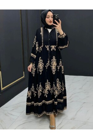 VİSKON KUMAŞ BOL KALIP SİYAH TESETTÜR ELBİSE ETNİK DESENLİ - Elegantstil