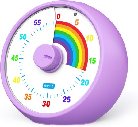 Visual Timer for Kids, 60-Minute Countdown Timer for Classroom, Office & Kitchen, Desk Timer with Silence Function, Pomodoro Time with Rainbow Pattern (Purple) - Halal