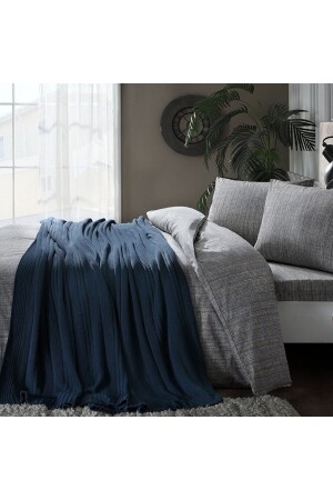 Waffelstrick-Doppelbettbezug-Set mit Decke, blau, elastisch, 200 cm x 220 cm, 84798 - Taç