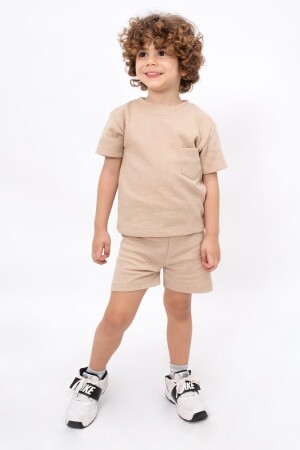 Waffle Görselli Cep Detaylı Pamuklu Yazlık Bebek Çocuk Şort Takım-Bej Unisex - Bubito