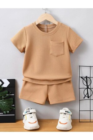 Waffle Visual Pocket Detailed Cotton Summer Baby Kids Shorts Set-Brown - Bubito