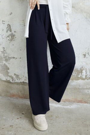 Waist Belted Loose Scuba Trousers - Navy Blue - Instyle