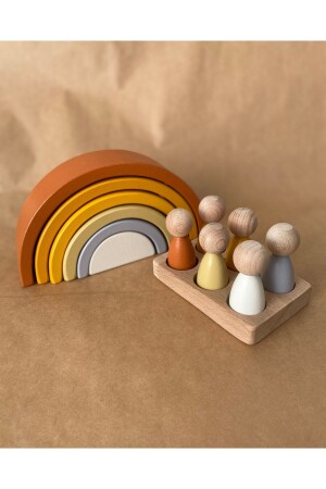 Waldorf 6-Piece Rainbow 6-Piece Peg Baby Plate Set Pastel Color Matching Brown-Yellow Color - Tiny Wood