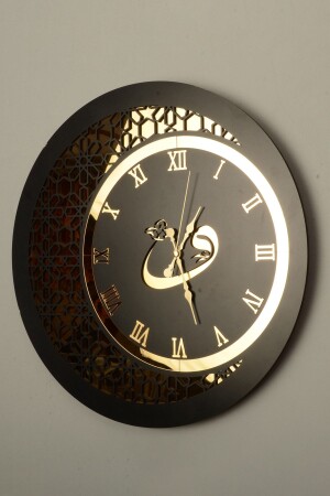 Wall Clock Wooden and Mirror Vav Motif Black Gold 0131 - Pey Aksesuar