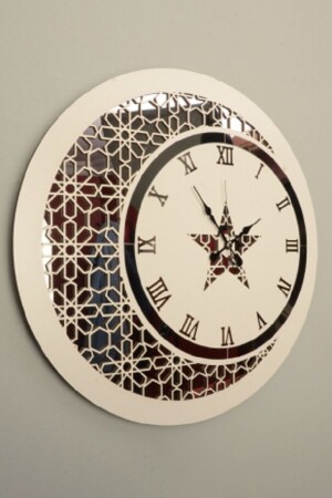 Wall Clock Wooden And Mirror With Crescent Star Motif 0131 - Pey Aksesuar