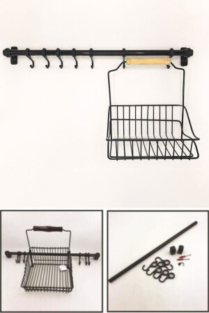 Wall Rail Hanger Black Hanger Kitchen Hanger Hanger Rack with Basket - Parmeva