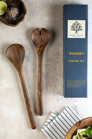 Walnut Wood Handmade 2 Piece Salad Serving Set - Wooden Spoon and Fork - 30 Cm. - Demy Craft