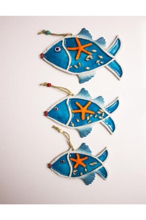 Wanddekoration mit drei Fischen, Balkondekoration, dekoratives Accessoire, Muschel, Seestern, Souvenir, creyublk08 - Crey Hediyelik
