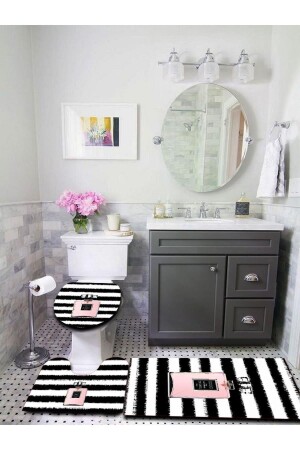 Washable Non-Slip Base Decorative Patterned 3-Piece Toilet Set Bath Mat Set KT-035 - Doruklar Home Collection