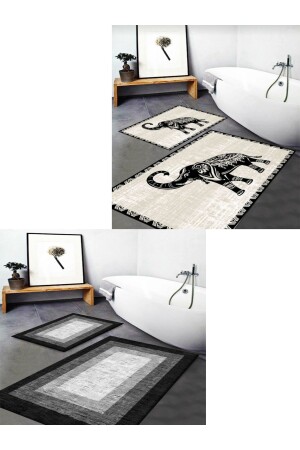 Washable Non-Slip Bath Mat Set with Gray Black and White Box and Elephant Pattern (2 SETS ONE PRICE) - Balliev