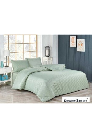 Wassergrünes Satin-Bettbezug-Set, Hotel- und Heimtyp für Doppelbetten, 2 Kissenbezüge und Laken, ohne Gummizug, GESTREIFTES SATIN-Bettbezug-Set - Deneme Zamanı