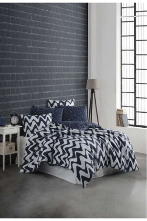 Waves Blue King Size Quilted Duvet Cover Set 4 Seasons Set 100% Cotton Ranforce Fabric - Majoli