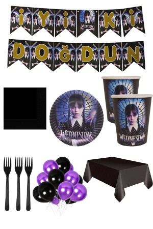 Wednesday Plate - Cup, Lettering Balloon Set for 16 People - Addams Wednesday Party Birthday Party Decorations - Parti Dolabı