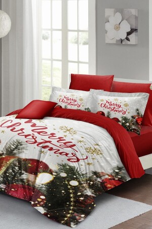 Weihnachts-Bettbezug-Set (mit elastischen Laken), Doppelbett, 100 % Baumwollsatin, Frohe Weihnachten MONOHOME41144 - Monohome